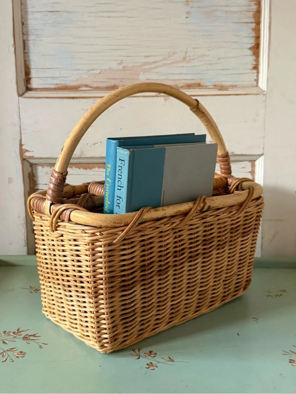 Vintage Wicker Cutlery Basket, Organizer, Rattan, Handmade